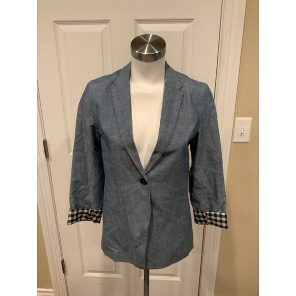 Rogan Blue Chambray Single Button Blazer W/ Plaid Lining, Size XS - Picture 1 of 6